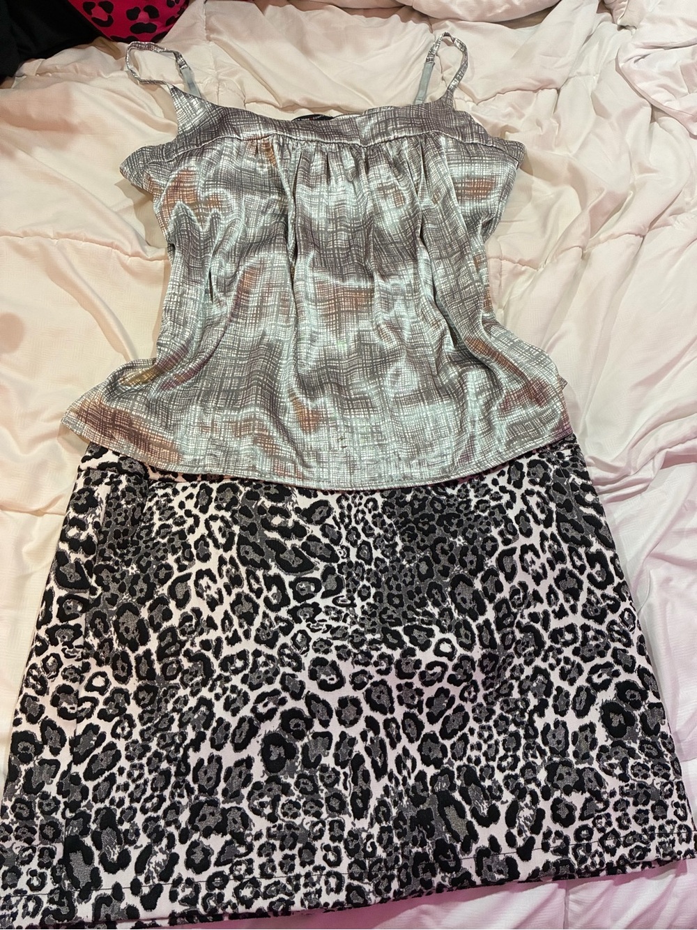 Y2K Silver Metallic Cami Top and Black-White Leopard Print Skirt Set